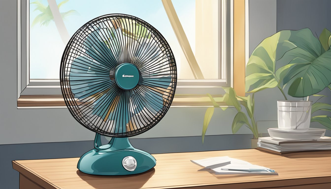 A table fan sits on a desk in a Singaporean home, its blades spinning as it provides relief from the hot and humid weather