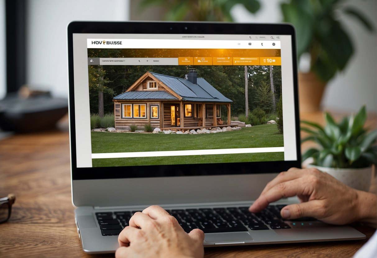 A person browsing a website, typing "how can I get a free tiny house" into a search bar, surrounded by images of small homes and FAQ sections