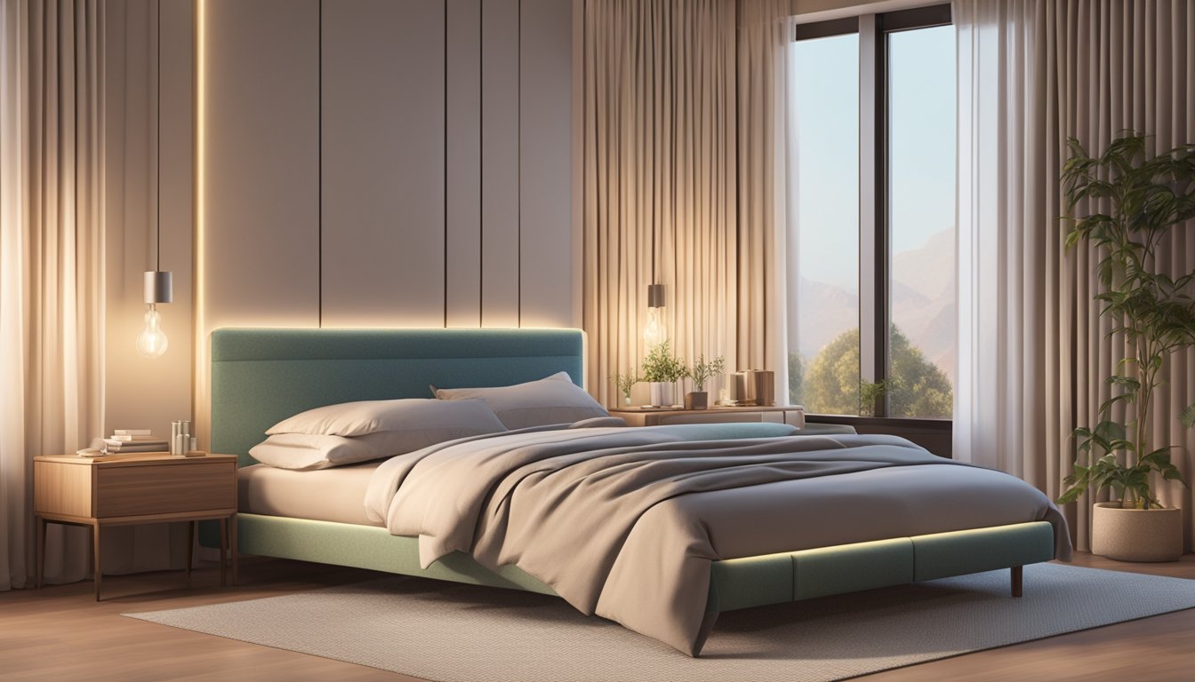 A cozy bedroom with a plush mattress and sleek bed frame, set against a backdrop of soft lighting and a serene atmosphere