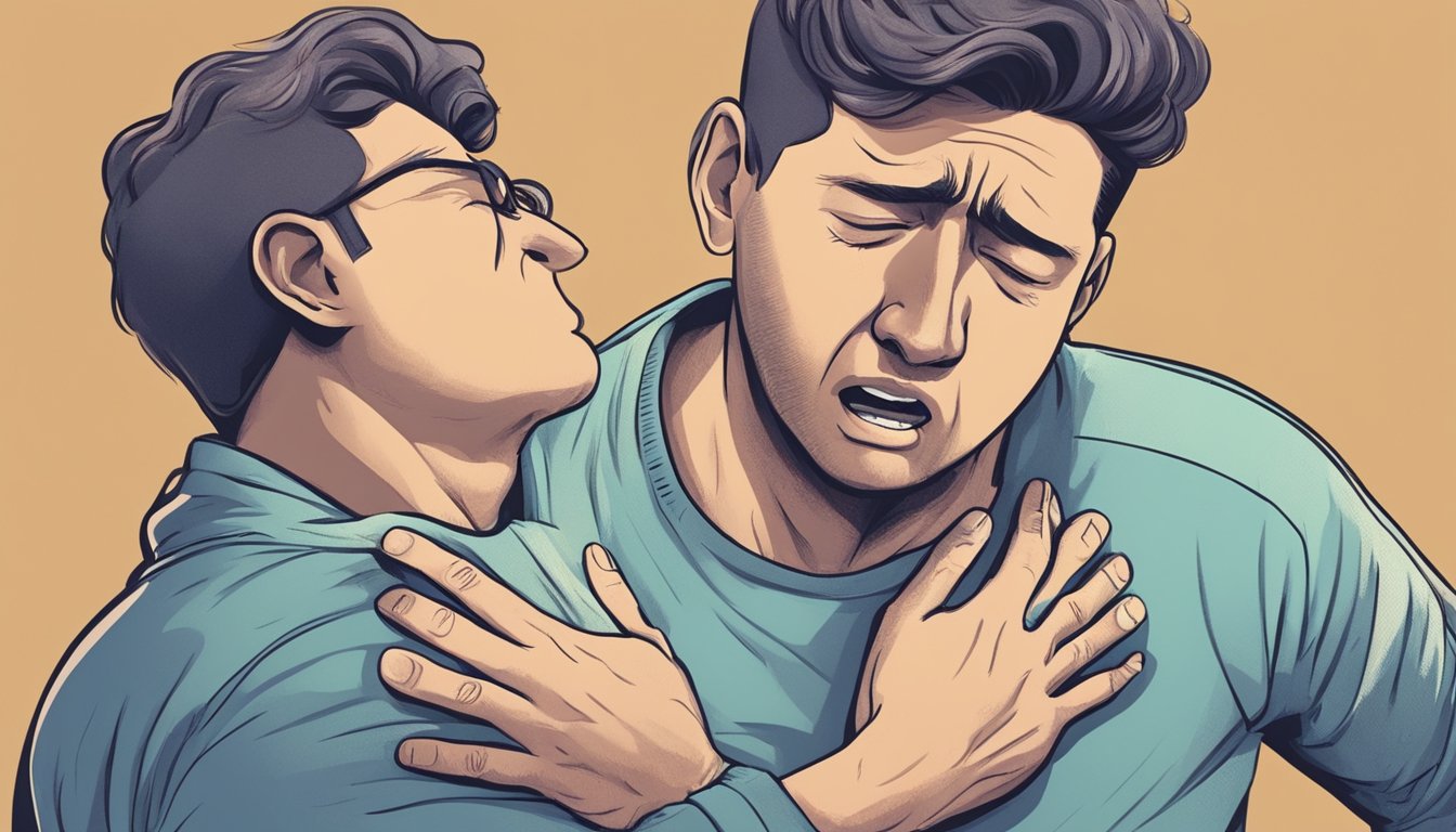 A person clutching their chest in pain, with a grimace on their face, and sweating profusely