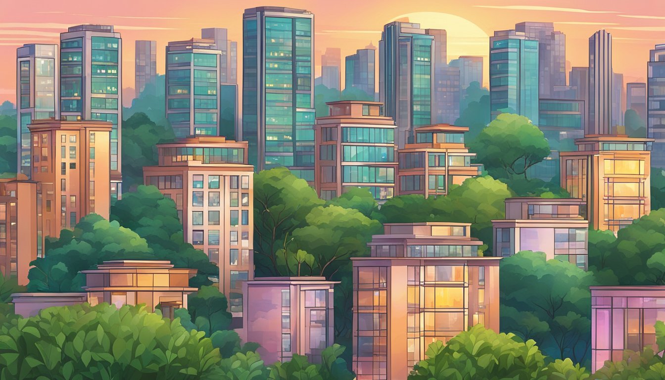 A bustling cityscape with modern skyscrapers and lush greenery, set against a vibrant sunset sky