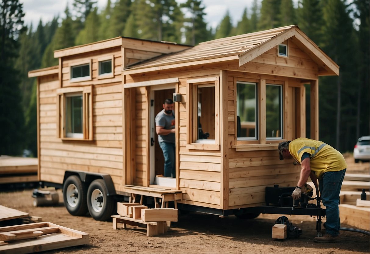 A tiny house on wheels being built, with workers constructing the frame and adding siding, windows, and a roof. Materials and tools scattered around the site