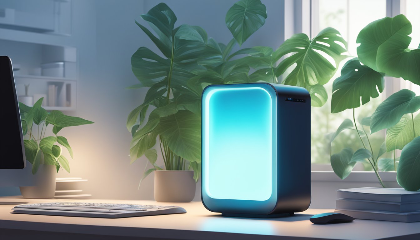 A sleek, modern air purifier sits on a clean, minimalist desk, surrounded by lush green plants. The soft glow of a blue LED light indicates its active purification process