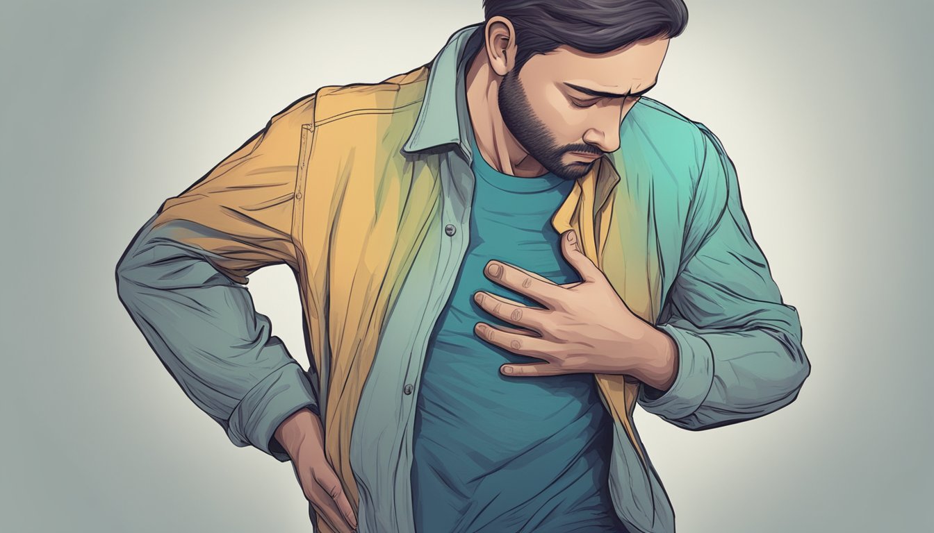 A person clutching their back in pain, with a worried expression, while holding their chest