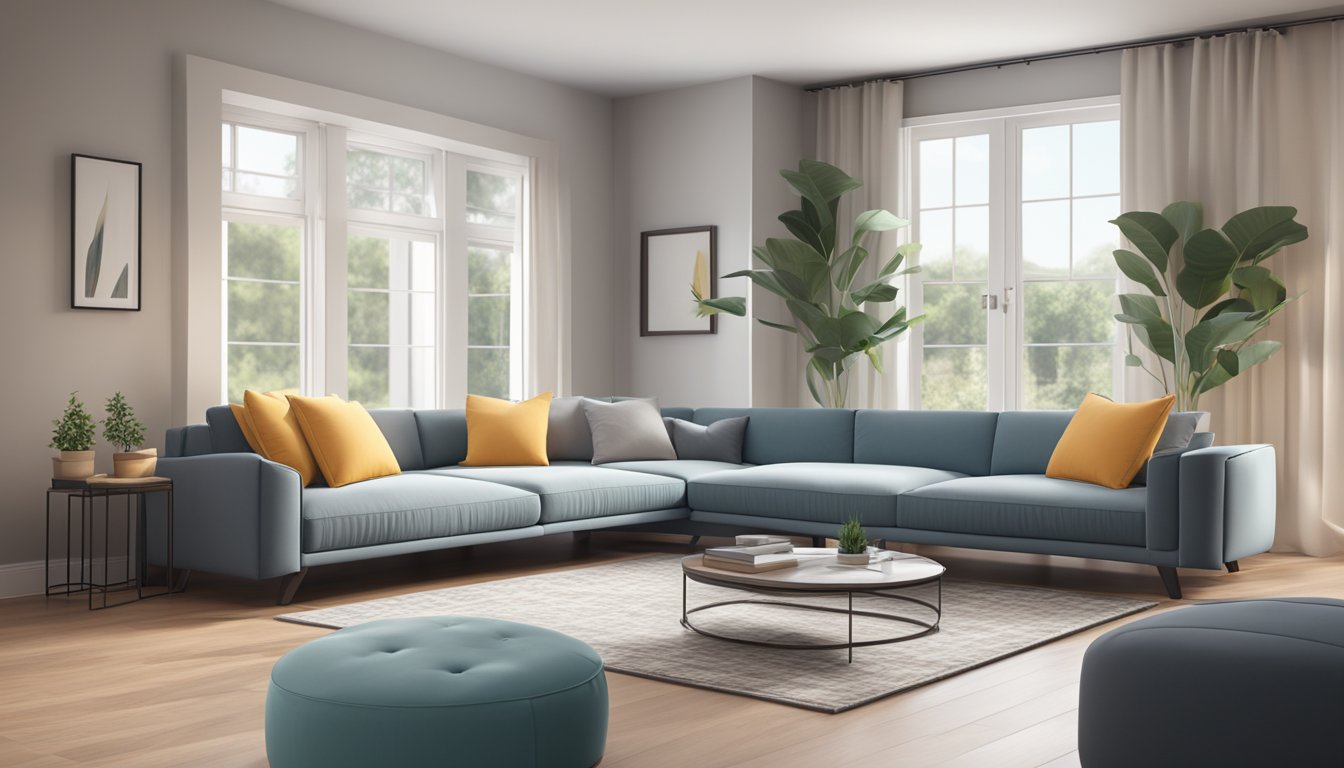 A sleek, modern sofa bed in a cozy living room, with soft, inviting cushions and a stylish design