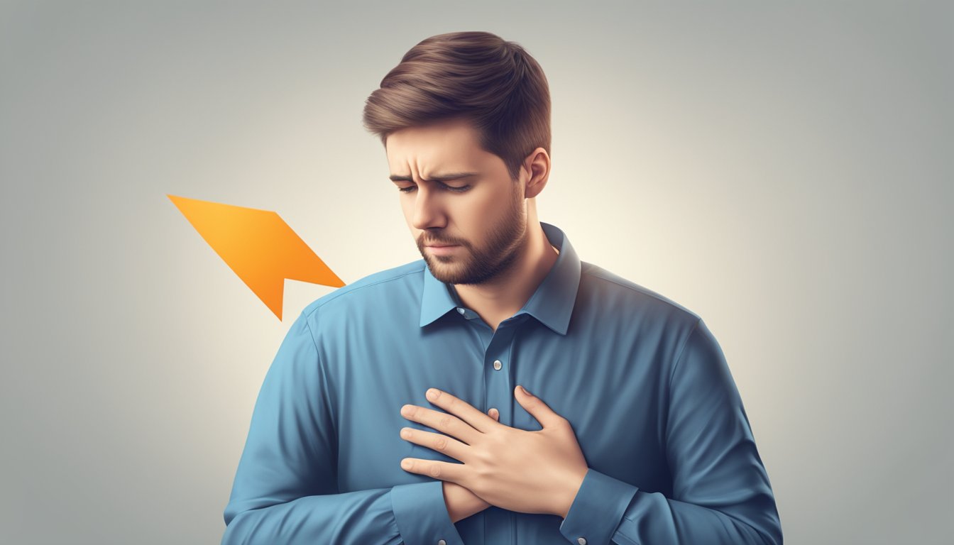 A person clutching their chest in pain, with a worried expression. An arrow pointing to the back, indicating the connection between back pain and heart attack risk