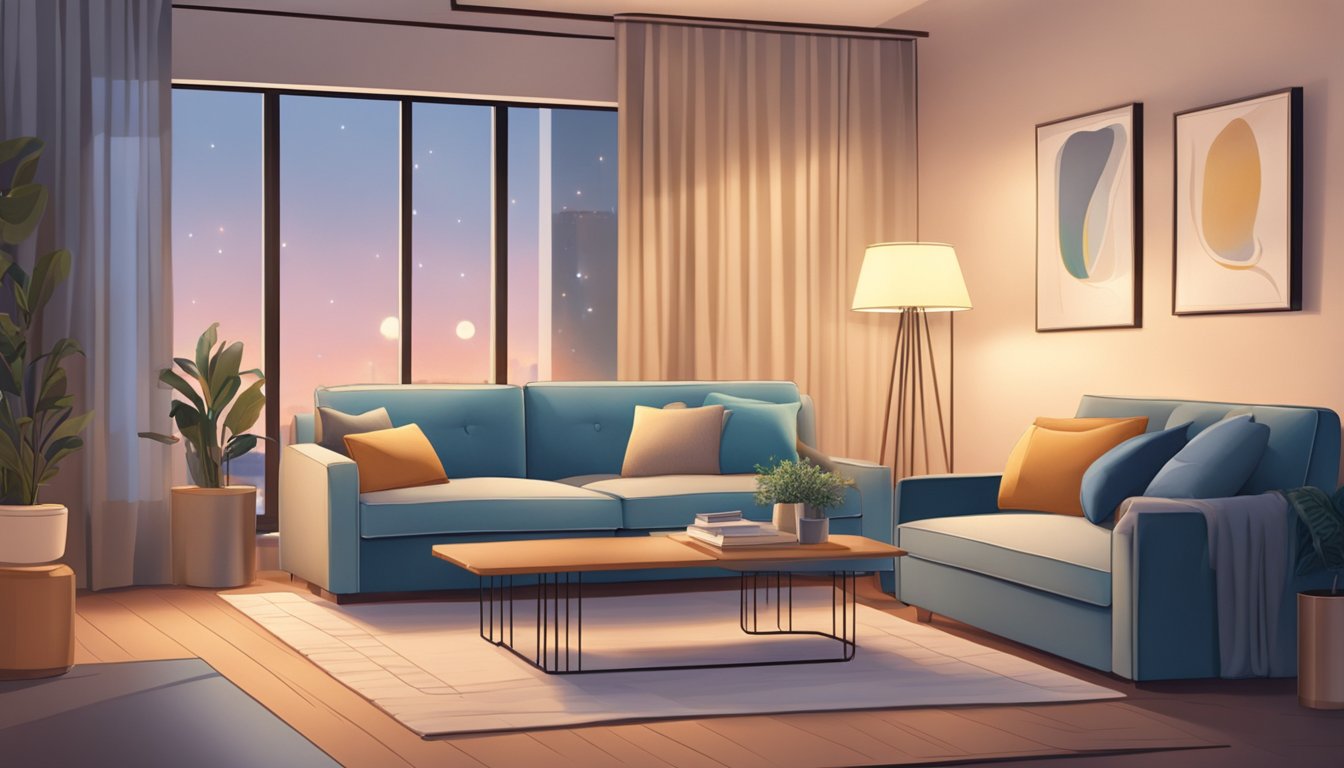 A person unfolds a sleek sofa bed in a cozy living room, surrounded by stylish decor and soft lighting