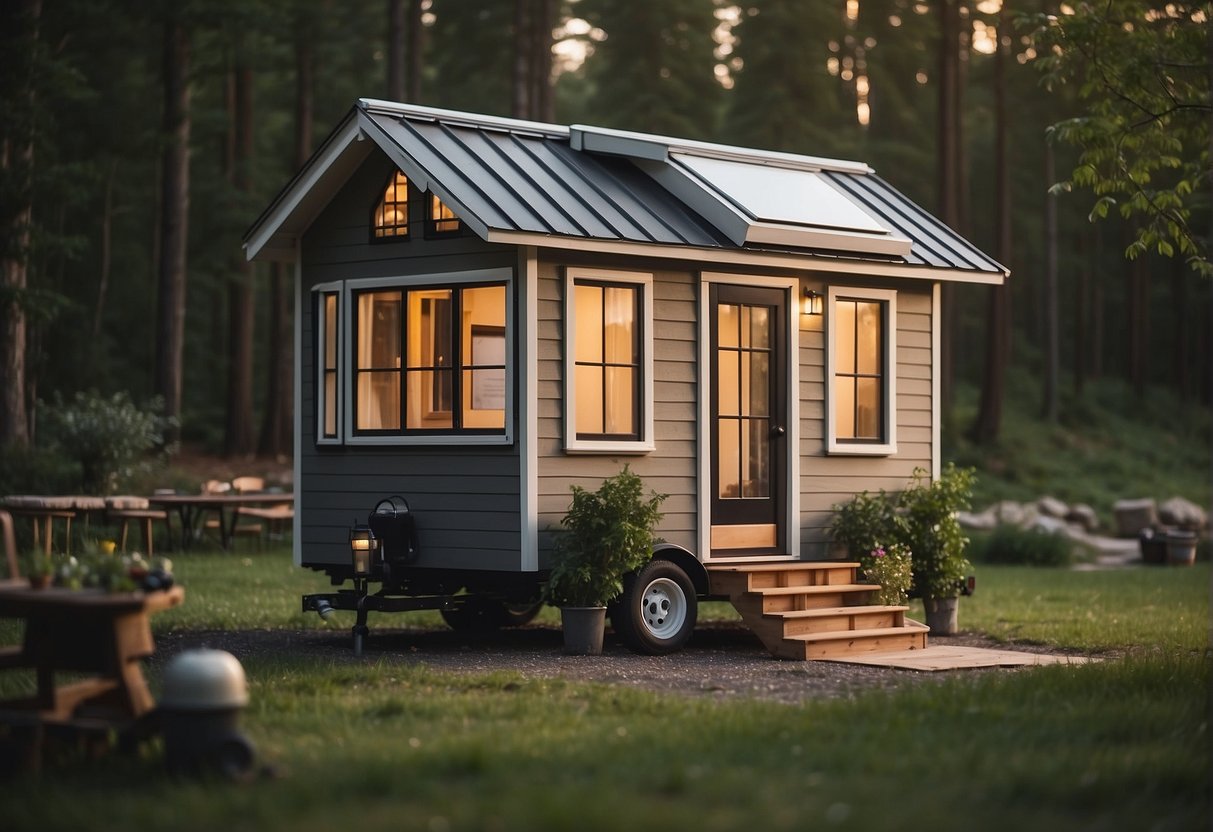 A tiny house on wheels sits in a tranquil setting, with a focus on its exterior design and features. Surrounding landscape and legal documents are visible nearby