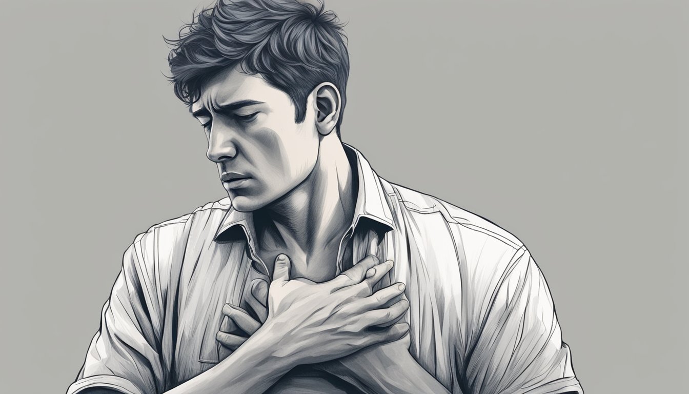 A person clutching their chest in pain, with a look of distress on their face. A sense of urgency and panic in the air