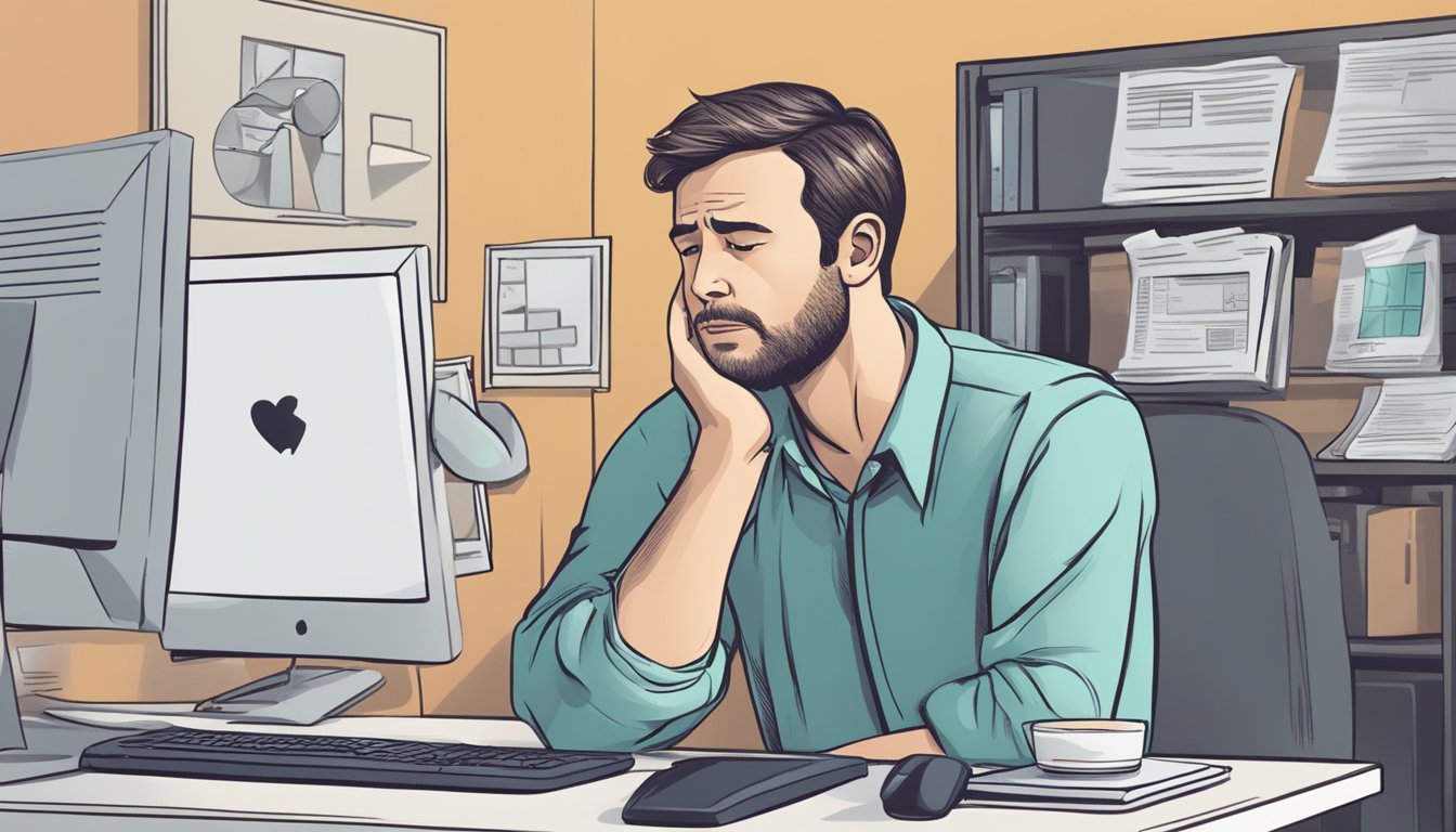 A person sitting at a computer, looking up "back pain and heart attack" on a search engine, with a concerned expression on their face