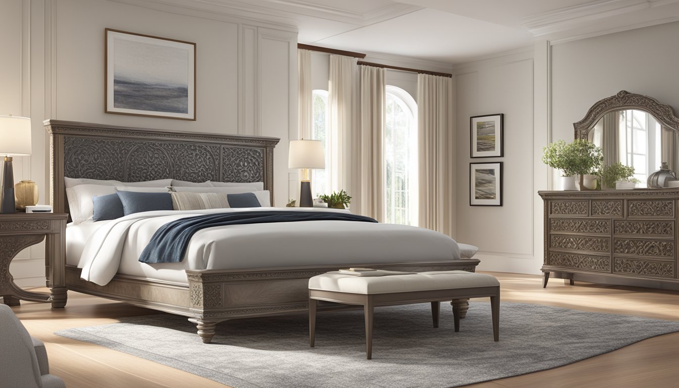 A sleek king bed frame with a tall headboard and low footboard, adorned with intricate carvings and embellishments, standing in a spacious, well-lit bedroom