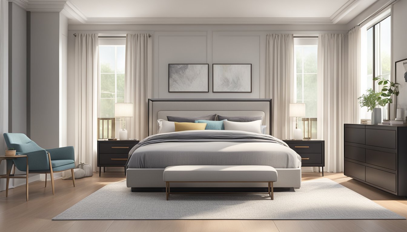 A couple stands in a spacious bedroom, admiring a sleek and modern king bed frame with clean lines and a luxurious upholstered headboard