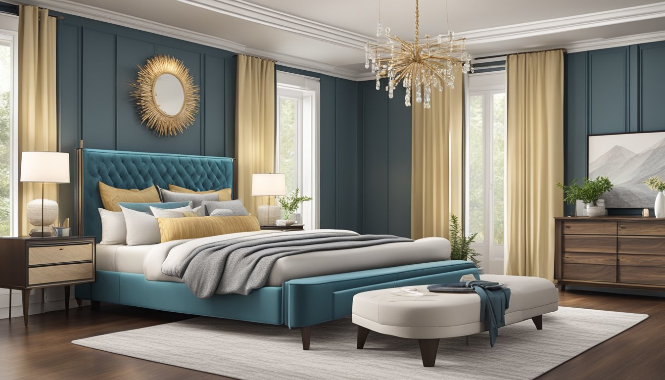 A luxurious king bed frame surrounded by modern furniture and decor, creating a cozy and stylish bedroom setting