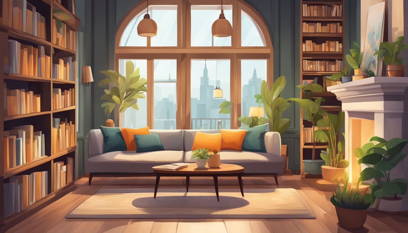 A cozy living room with a stylish sofa bed, surrounded by shelves of books and a warm, inviting atmosphere