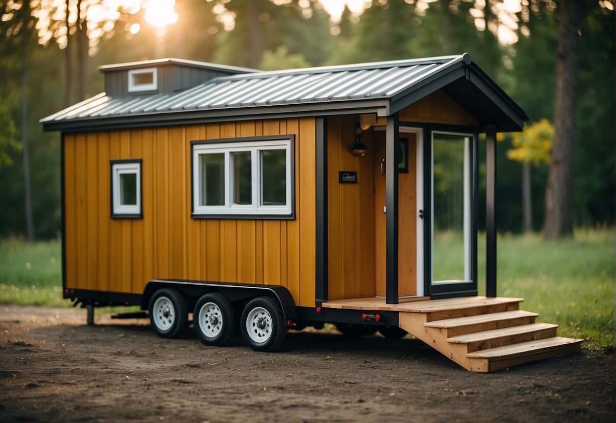 A tiny house on wheels sits in a serene setting, surrounded by nature. The compact structure exudes simplicity and mobility, with a cozy and inviting atmosphere