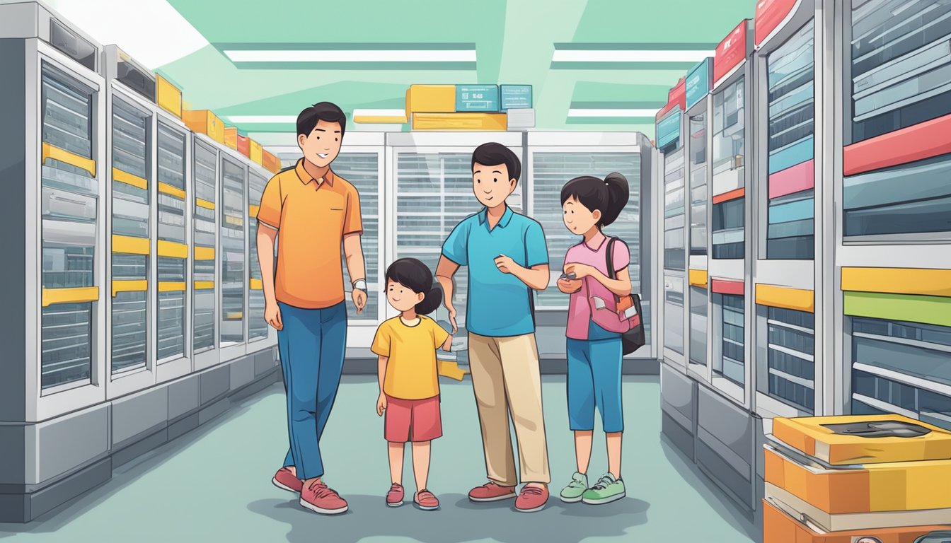 A Singaporean family compares air conditioning prices at a local electronics store