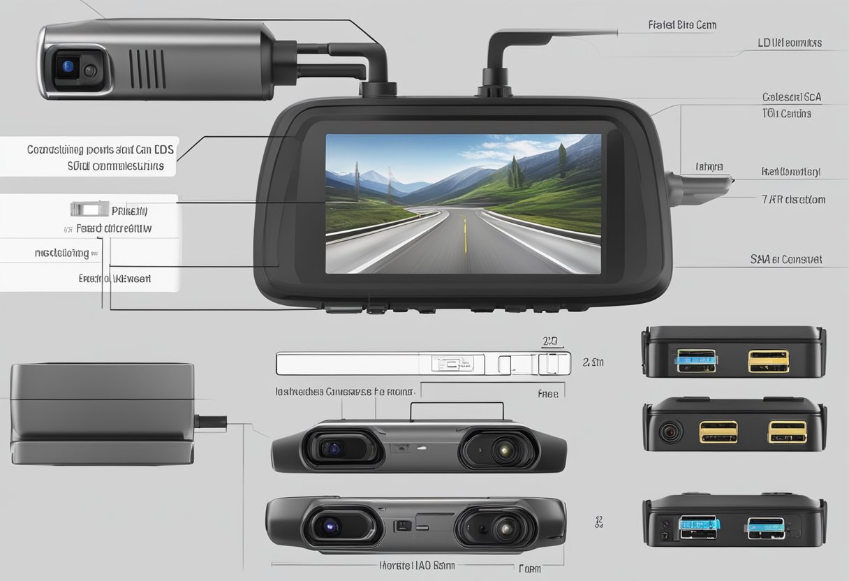 A LDAS dash cam with front and rear connectivity options, featuring an inserted SD card