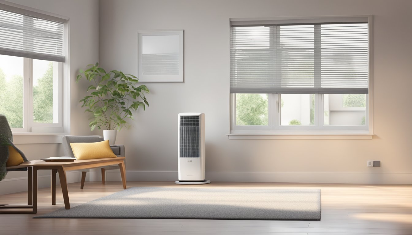 A modern air conditioning unit installed in a well-lit, spacious room with clean, minimalist decor and a digital thermostat set to a comfortable temperature