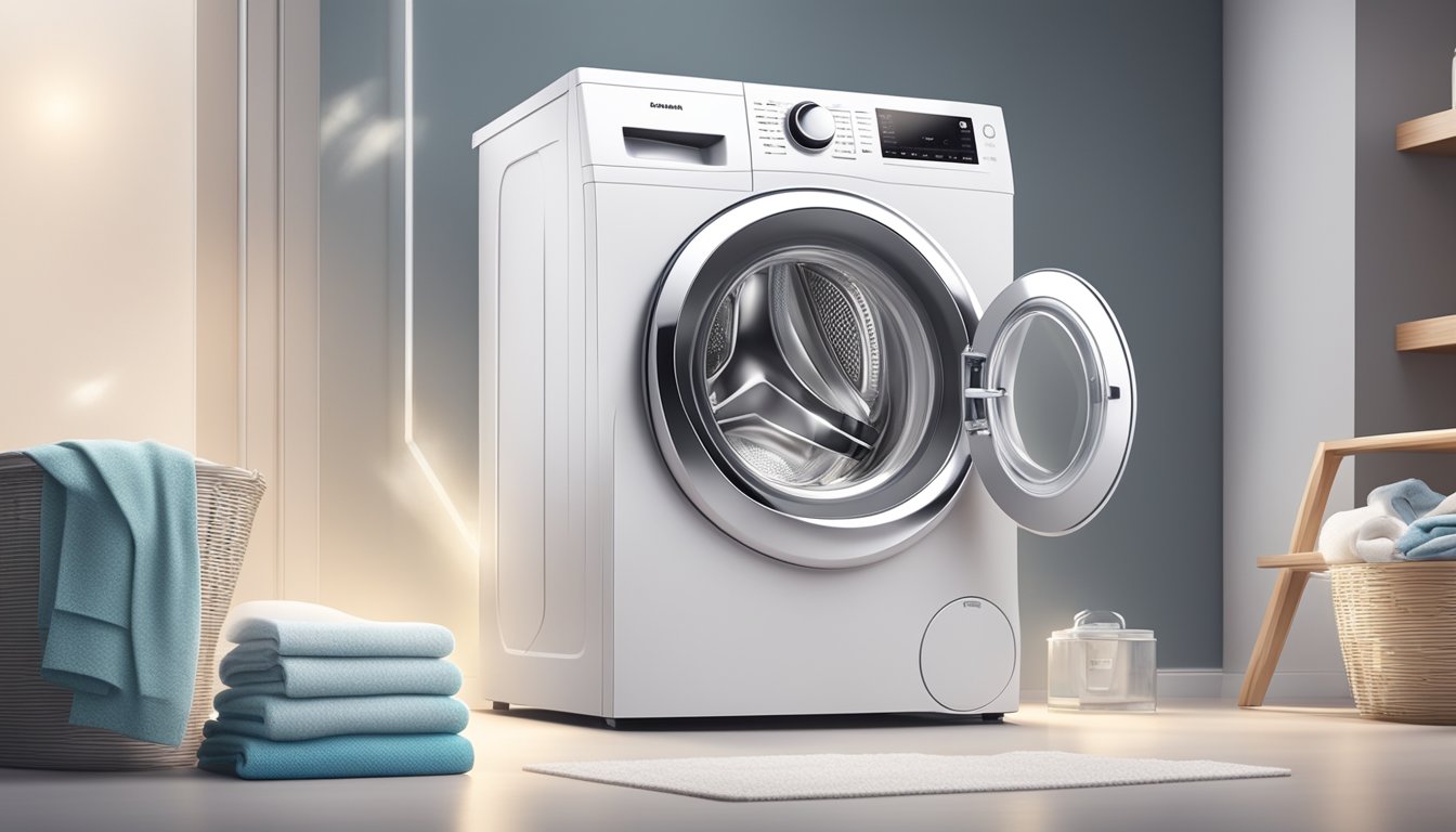 A sleek, modern washing machine with the brand logo prominently displayed, surrounded by sparkling clean laundry and a fresh scent in the air
