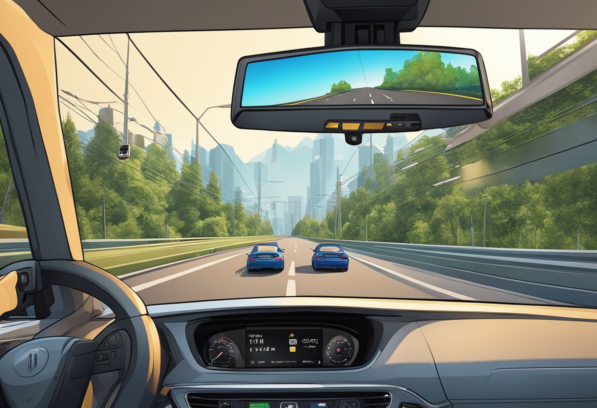 A LDAS dash cam with front and rear cameras, along with an SD card, is mounted on a car's windshield, capturing the view of the road ahead and behind