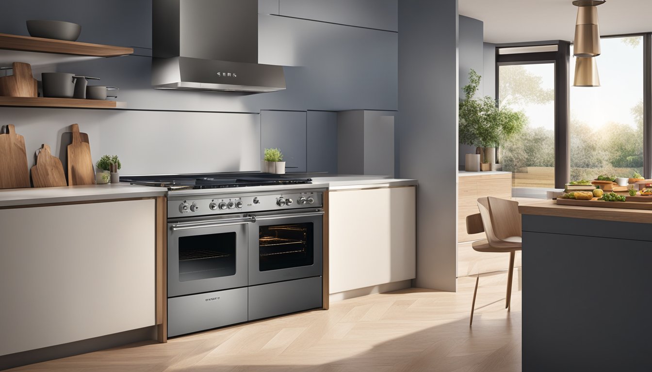 A smeg oven sits in a modern kitchen, its sleek stainless steel exterior reflecting the warm glow of its interior. The oven door is slightly ajar, hinting at the delicious meal cooking inside