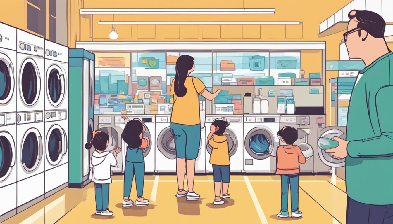 A family standing in front of a row of washing machines, comparing features and prices. Bright, clean store environment with helpful sales staff