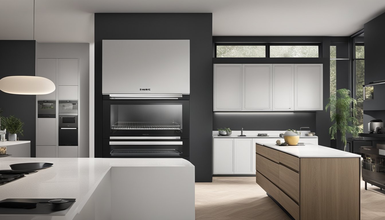 The Smeg oven showcases innovative features and technologies, with a sleek design and digital display. The oven door is open, revealing the interior with advanced cooking functions and settings