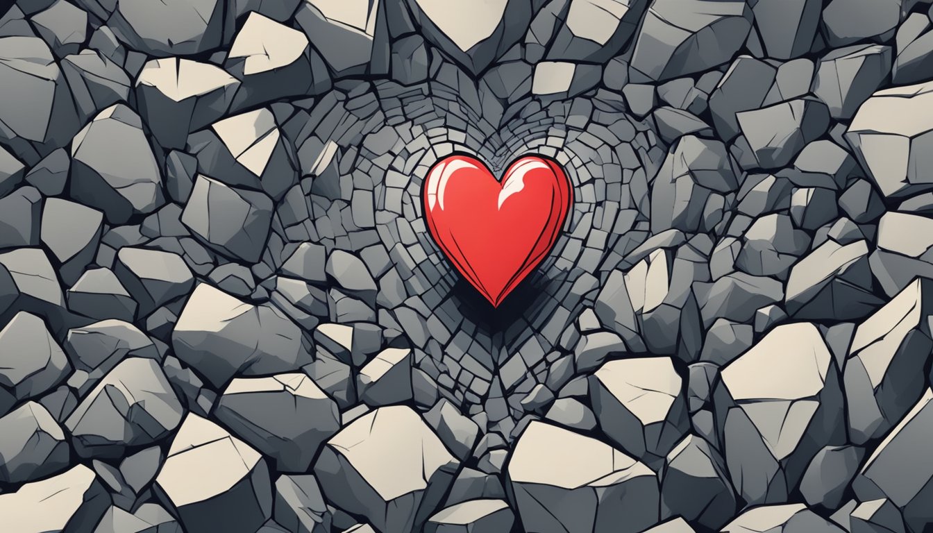 A heart surrounded by jagged rocks, with a crack running through it, symbolizing the damage caused by a heart attack