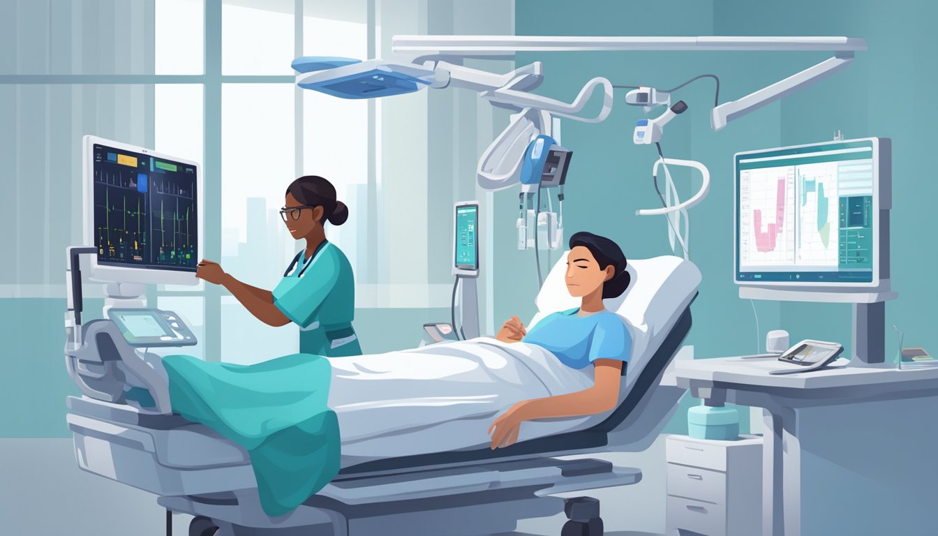 A person lying in a hospital bed, surrounded by medical equipment and monitors. A nurse and doctor are checking the patient's vital signs and adjusting the IV drip