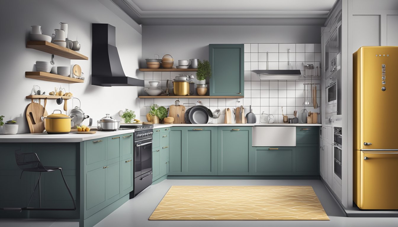 A modern kitchen with a sleek Smeg oven as the focal point, surrounded by stylish cookware and utensils