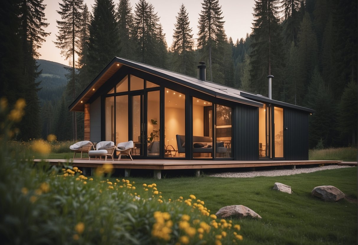 A small, cozy dwelling with a sloped roof, compact size, and minimalistic design, surrounded by nature and nestled in a serene, rural setting