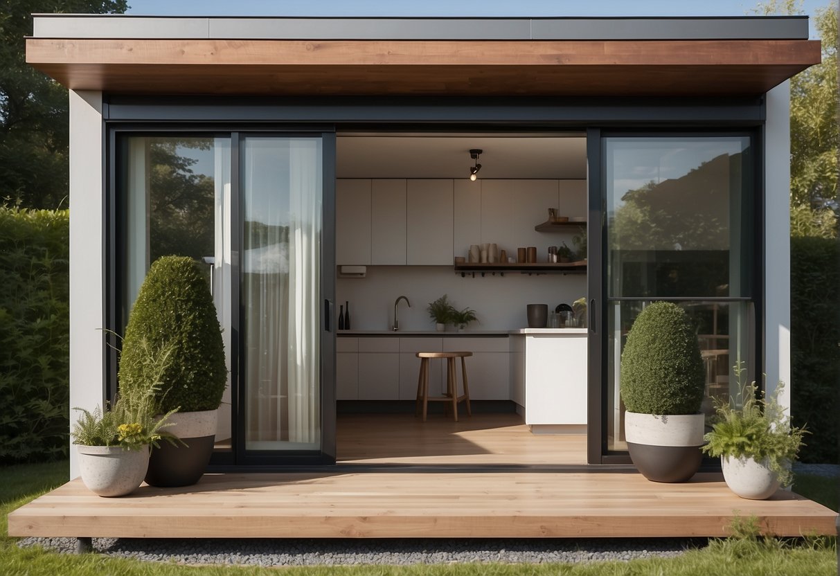 A small, minimalist dwelling with a compact footprint and efficient use of space. It features a sloped roof, large windows, and a cozy porch