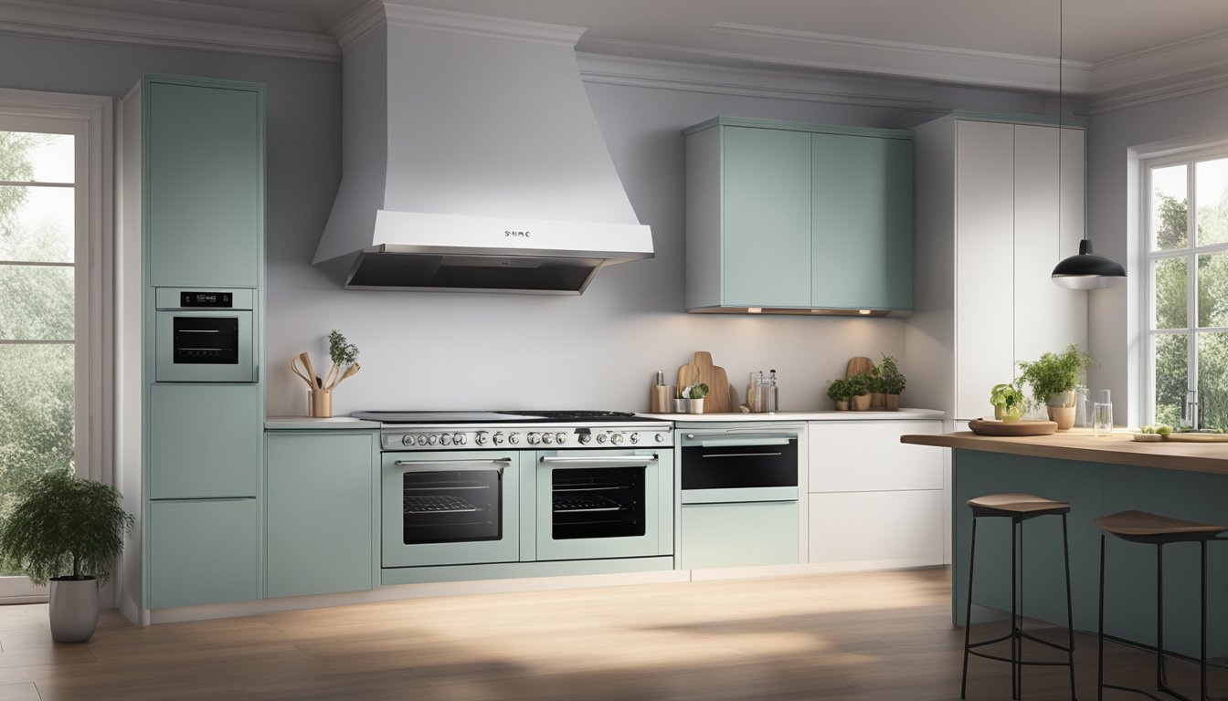 A sleek, modern smeg oven sits in a well-lit kitchen, with its digital display and control panel prominently featured. The oven door is slightly ajar, hinting at the potential for delicious meals being prepared inside