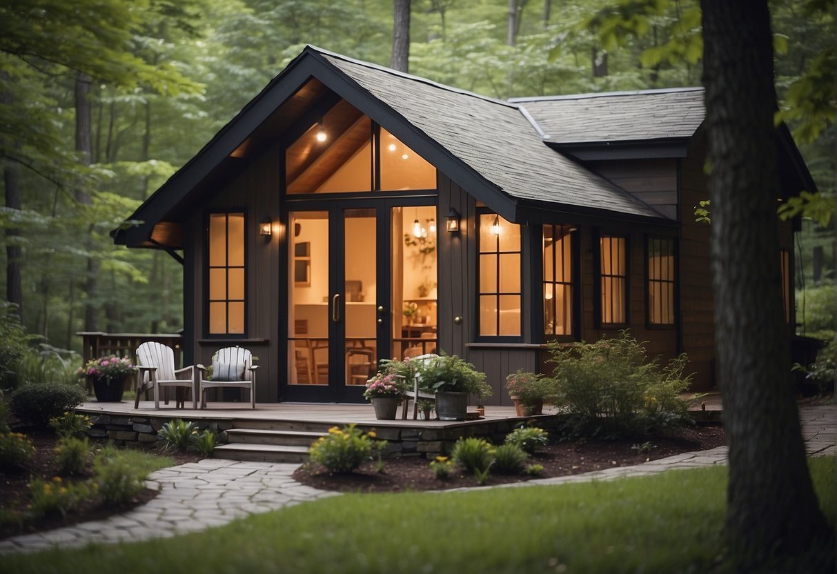 A cozy, compact dwelling with a sloped roof, large windows, and a small front porch nestled among tall trees and surrounded by nature