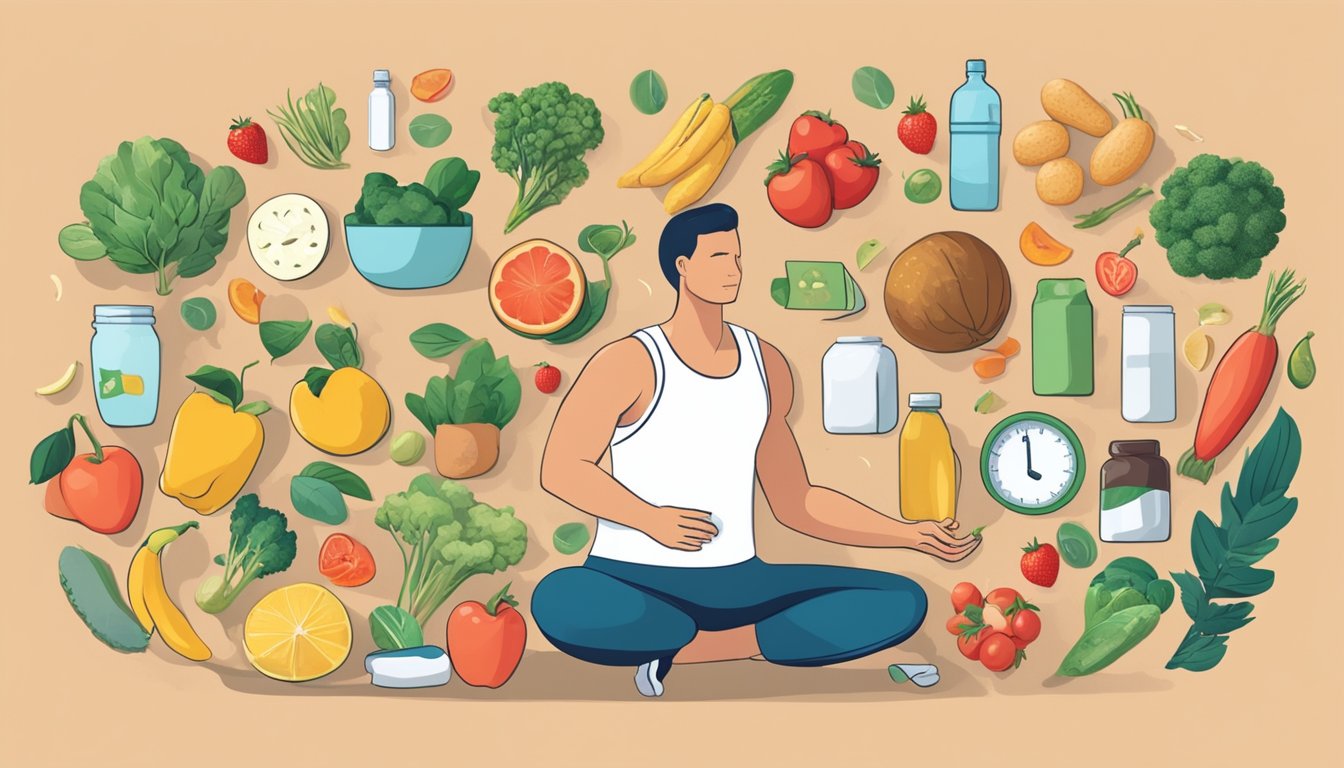A person exercising outdoors, surrounded by healthy food and medical supplies, symbolizing long-term recovery and lifestyle adjustments after a heart attack