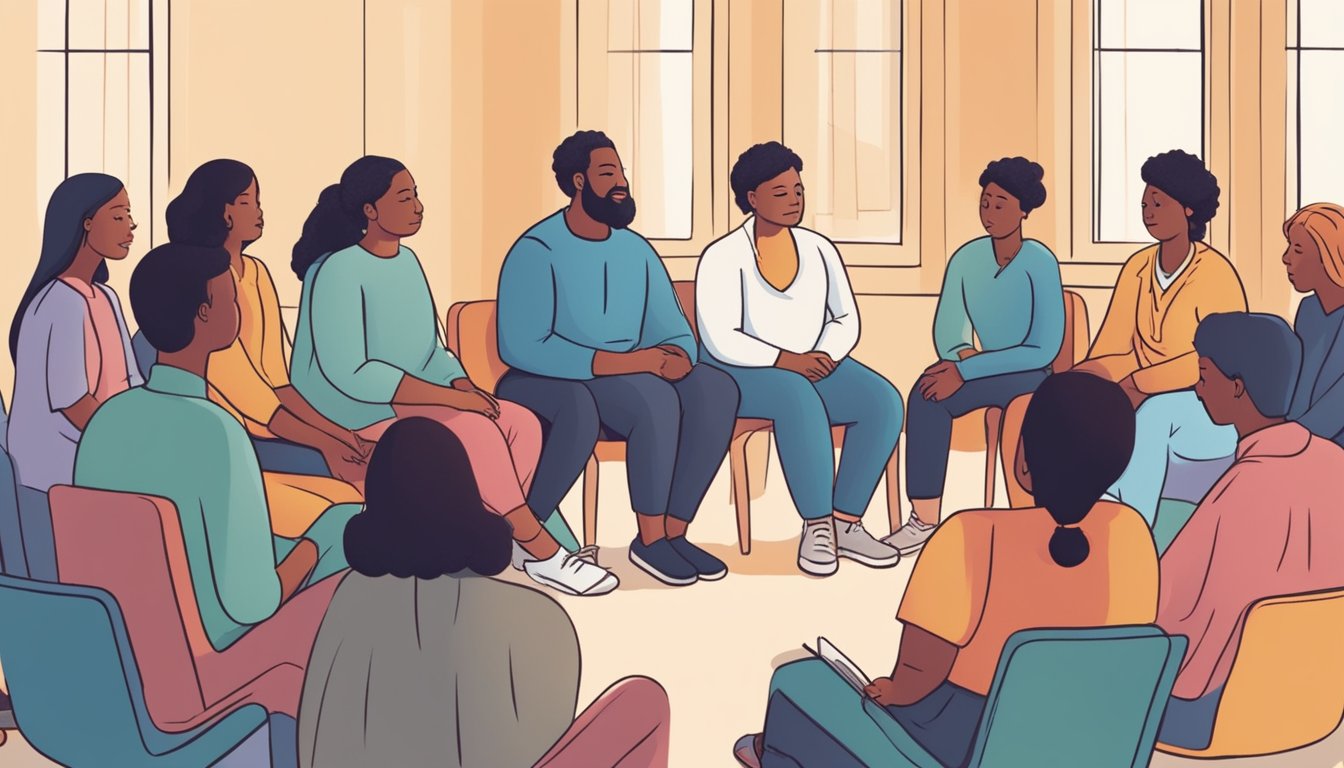 A person sitting in a support group, surrounded by others sharing their experiences of recovery from heart attacks. Emphasis on the emotional and social support aspect of the healing process