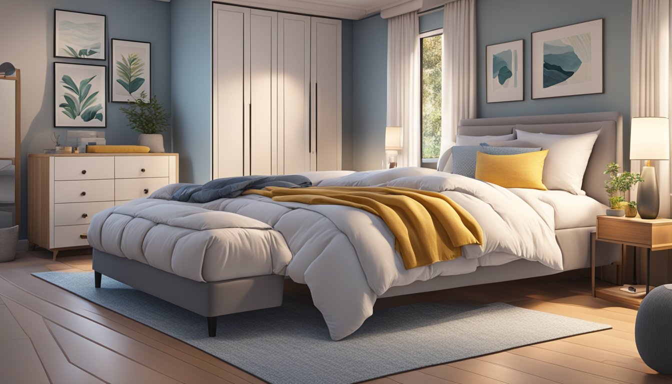 A cozy bedroom with a variety of bed toppers laid out on a neatly made bed, with soft lighting and a peaceful atmosphere