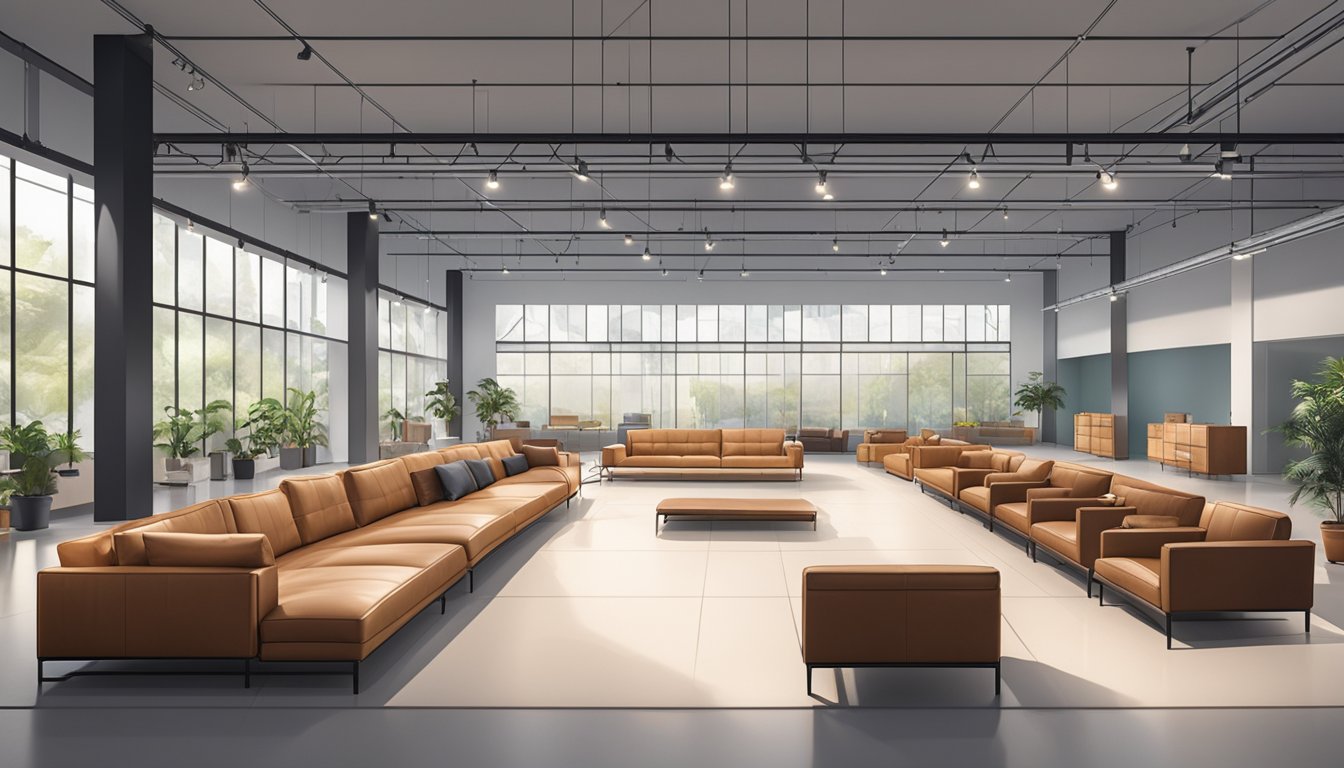 A spacious warehouse filled with rows of leather sofas on sale in Singapore. Bright lighting and minimalistic displays create a modern and inviting atmosphere