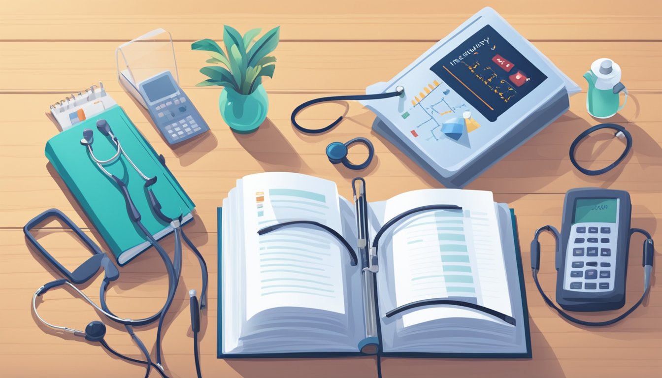 An open book with the title "Frequently Asked Questions" on a table, surrounded by medical equipment and a heart monitor displaying a steady rhythm