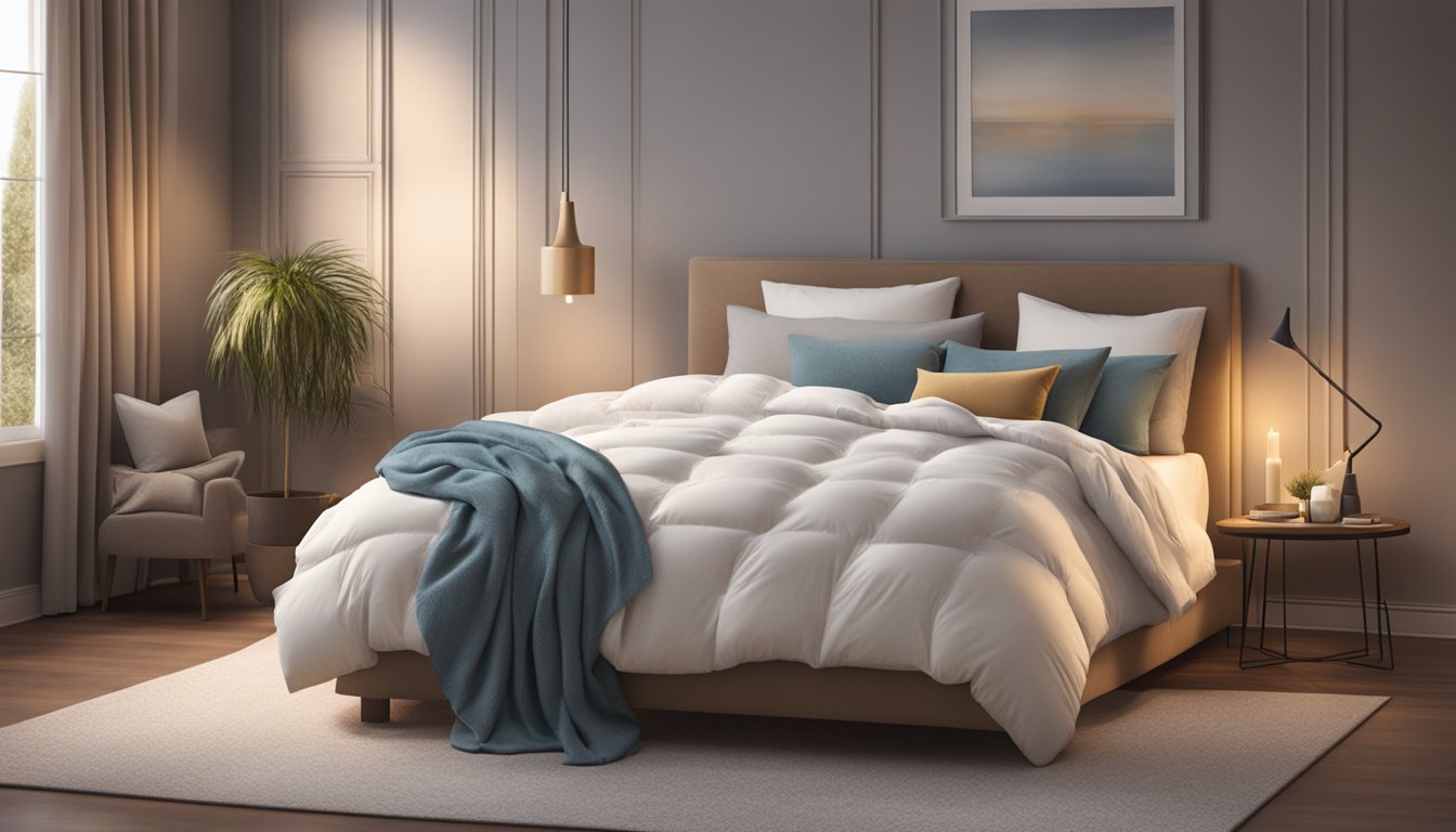 A plush bed topper is placed on a cozy mattress in a dimly lit bedroom, surrounded by soft pillows and a warm blanket