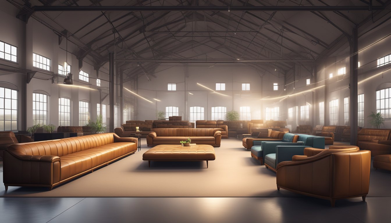 A spacious warehouse with rows of luxurious leather sofas on display. Bright lighting highlights the rich textures and elegant designs