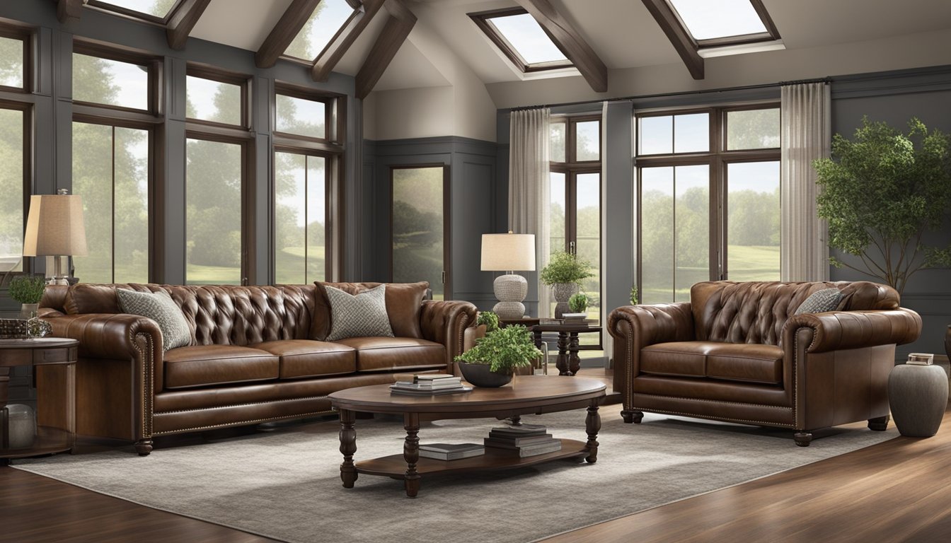 A spacious, luxurious leather sofa fills the warehouse showroom, surrounded by other high-quality furniture. The rich, deep color of the leather and the sturdy construction exude comfort and durability