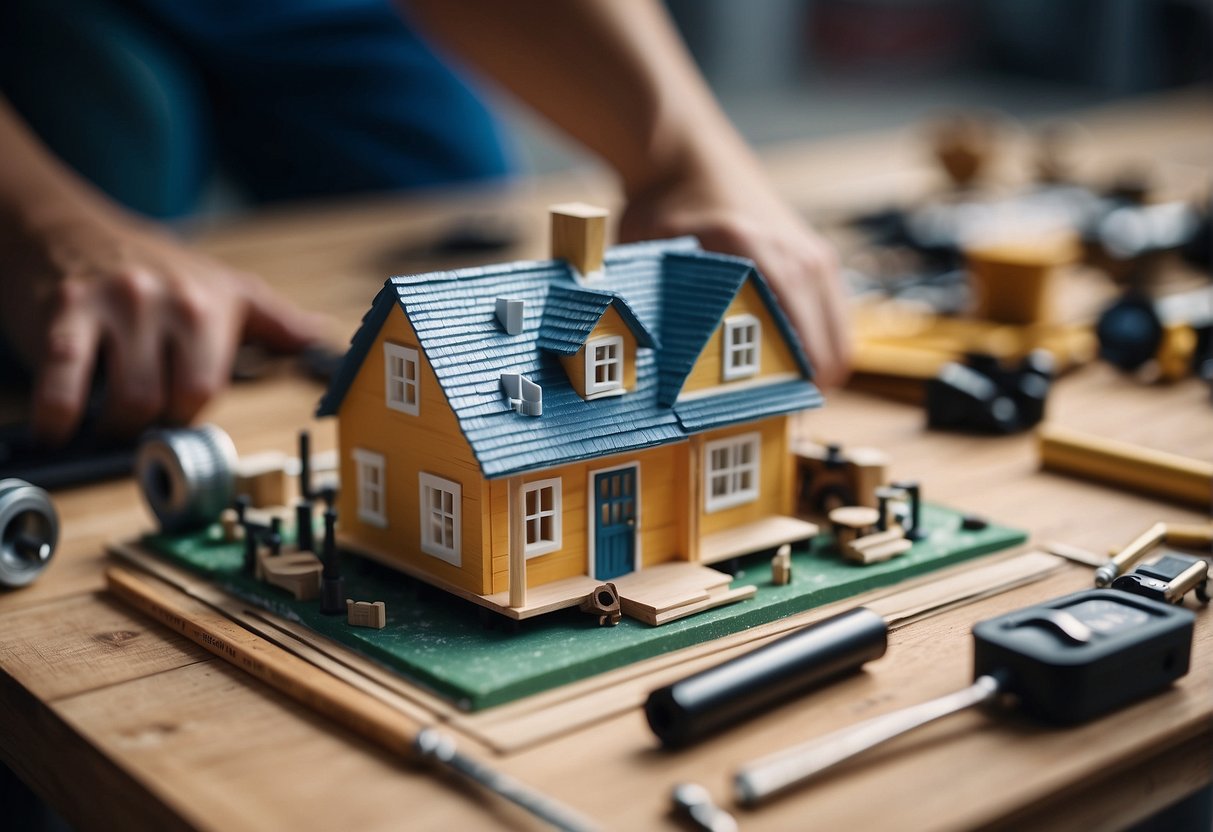 A tiny house being constructed with tools and materials scattered around the site. A blueprint is laid out, and workers are busy building the structure