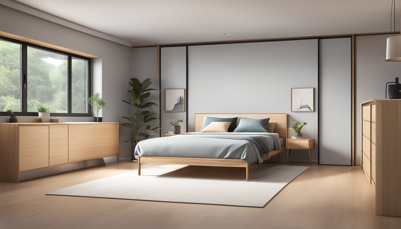 A sleek, modern single bed frame in a minimalist Singaporean bedroom. Clean lines, light wood or metal, with a hint of Asian influence