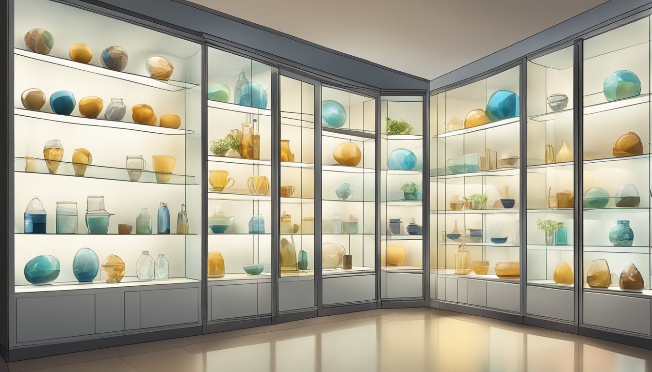 A glass display cabinet sits against a white wall, filled with various items arranged neatly on glass shelves. The cabinet is illuminated from above, casting a soft glow on the objects inside