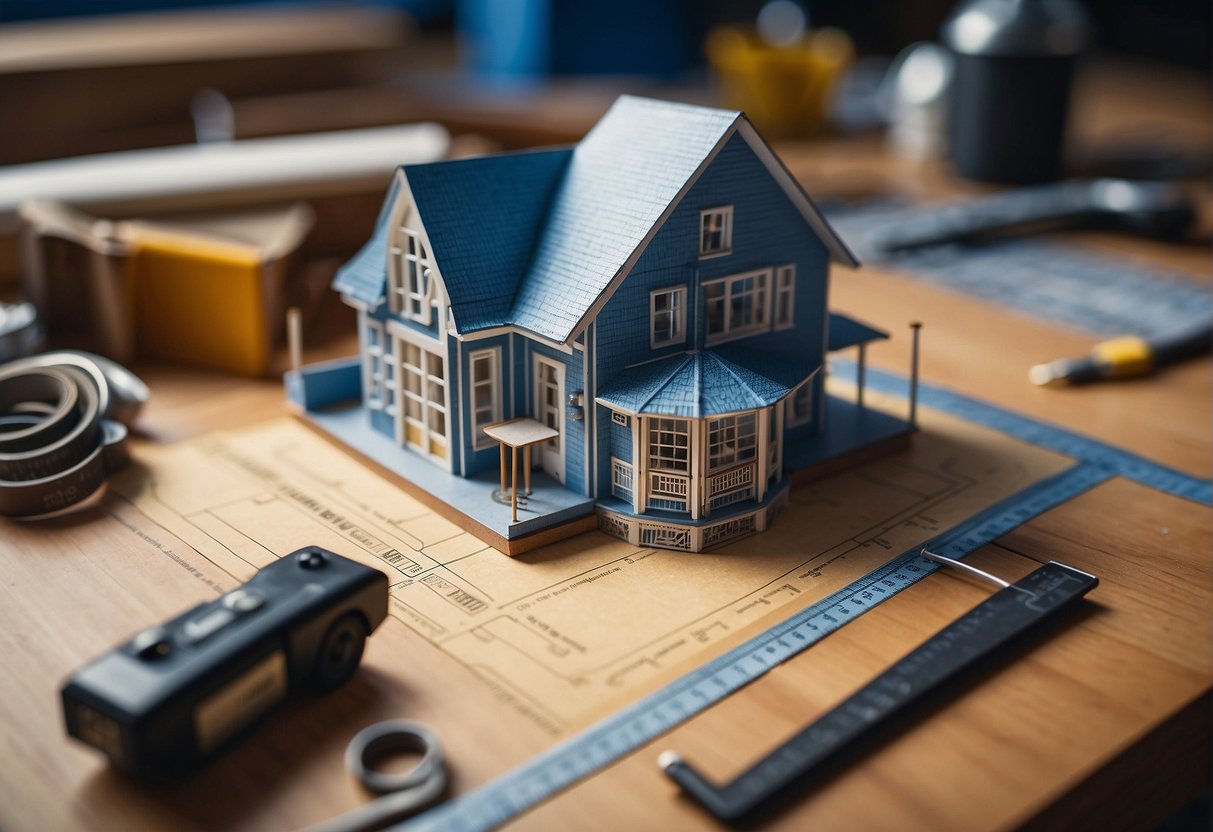 A blueprint on a table, tools scattered around, a tape measure stretched out, and a tiny house model in progress