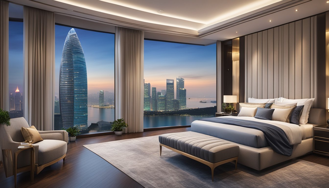 A luxurious king size bed in a lavish Singapore bedroom, adorned with plush pillows and a silk duvet, overlooking a stunning city skyline
