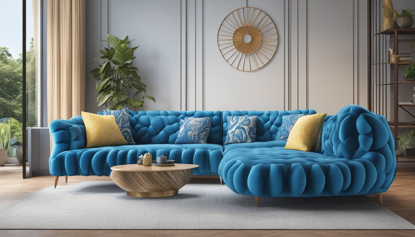 A seahorse-shaped sofa sits in a modern living room in Singapore. The sofa is a vibrant blue color and is adorned with intricate seahorse designs