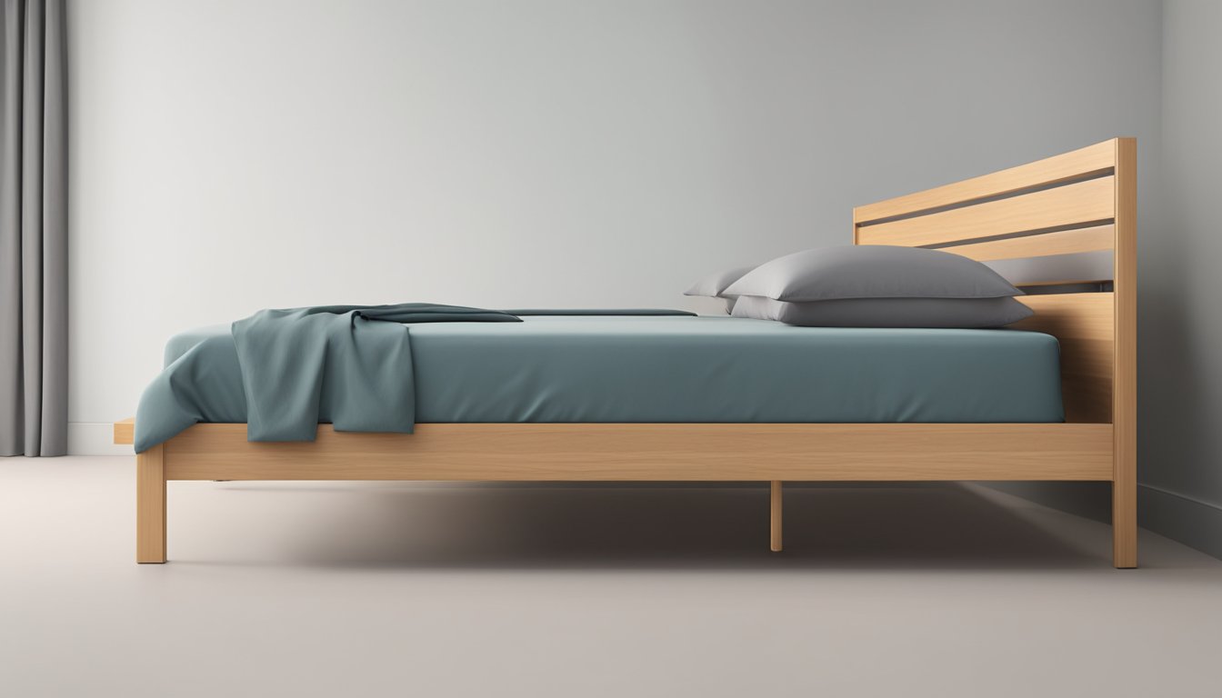 A single bed frame stands against a plain wall, with clean lines and a minimalist design. It is made of sturdy wood or metal, with a simple yet elegant finish