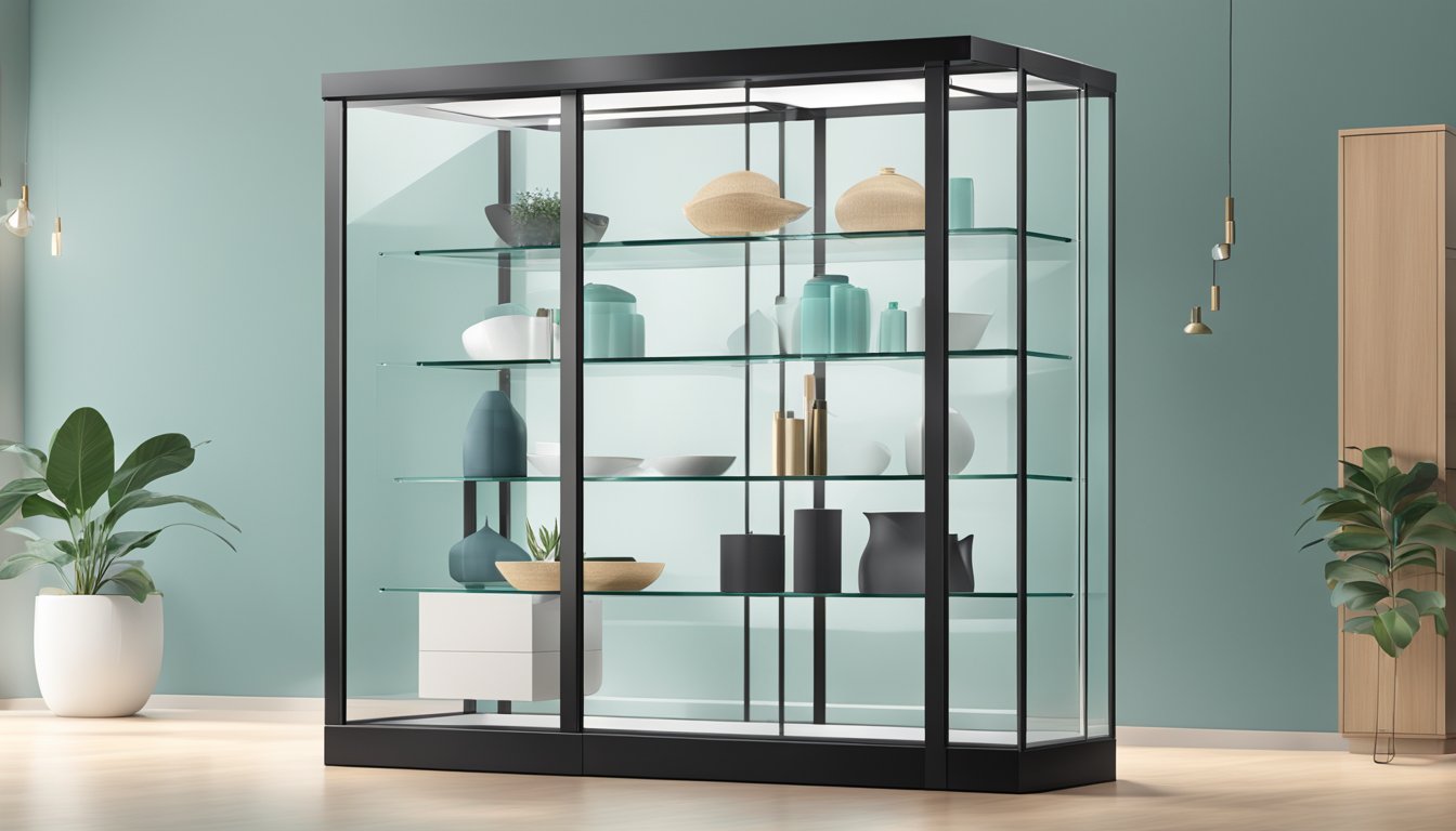 A sleek glass display cabinet with clean lines and modern design, showcasing elegant and aesthetically pleasing items